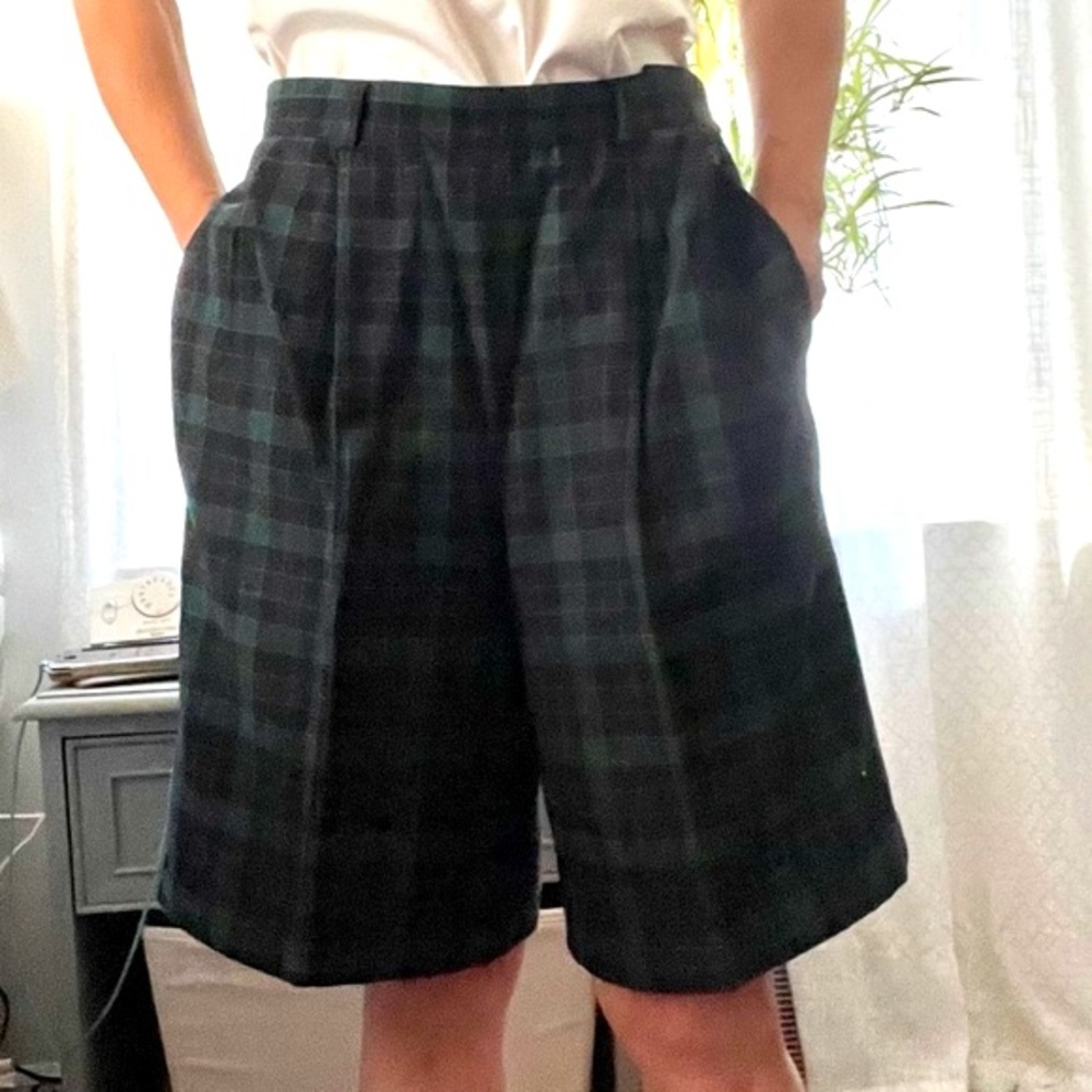 Vintage Plaid High Waisted Trouser Shorts Navy Blue & Green Tartan Virgin Wool